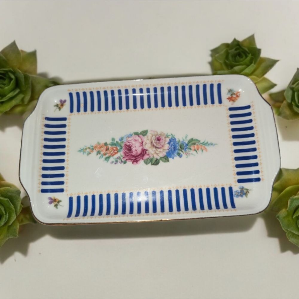 Vintage ceramic floral and gold tone trinket dish